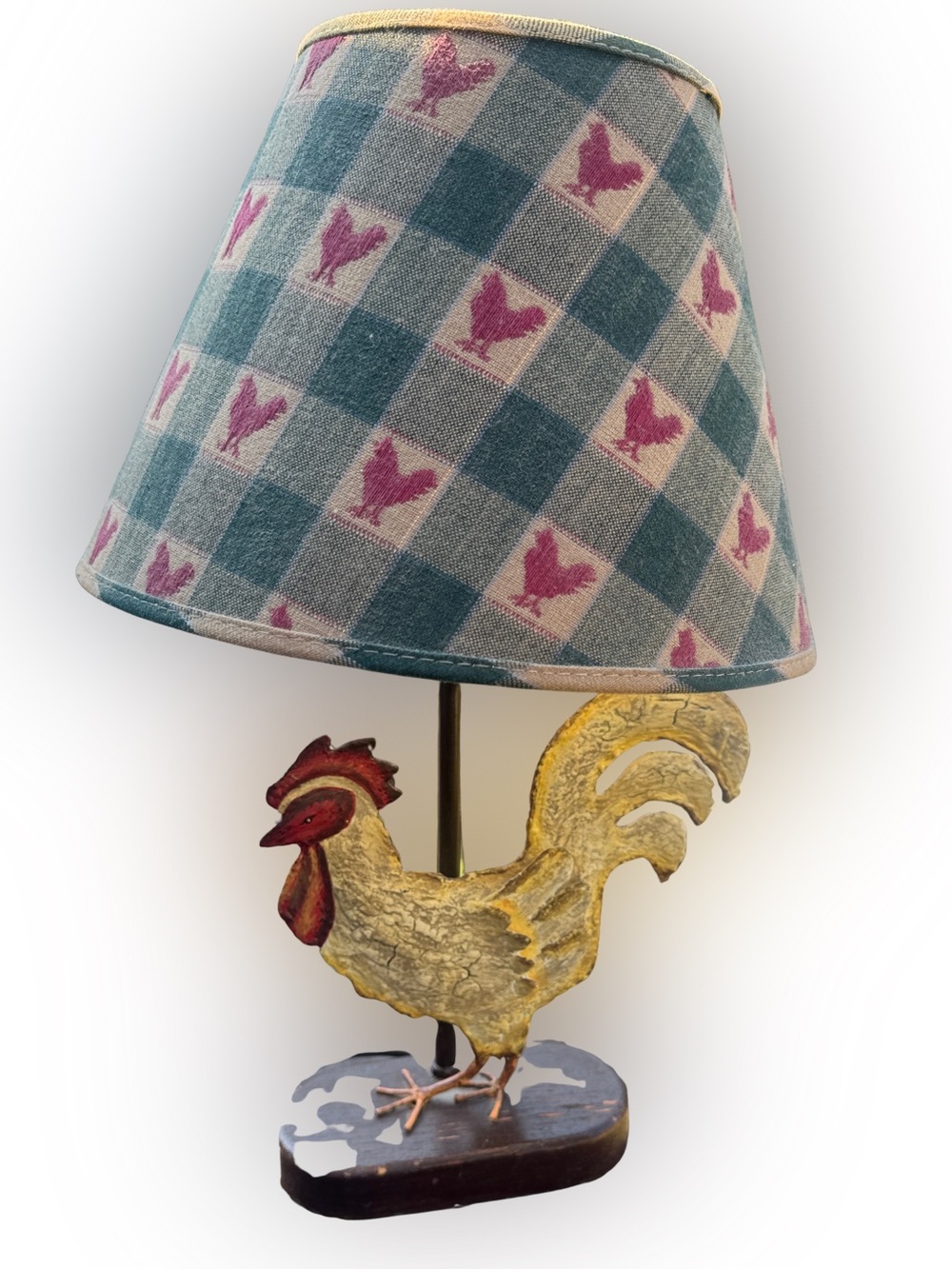 Vintage Rooster Table Lamp with Green, Tan, Red Checked Shade